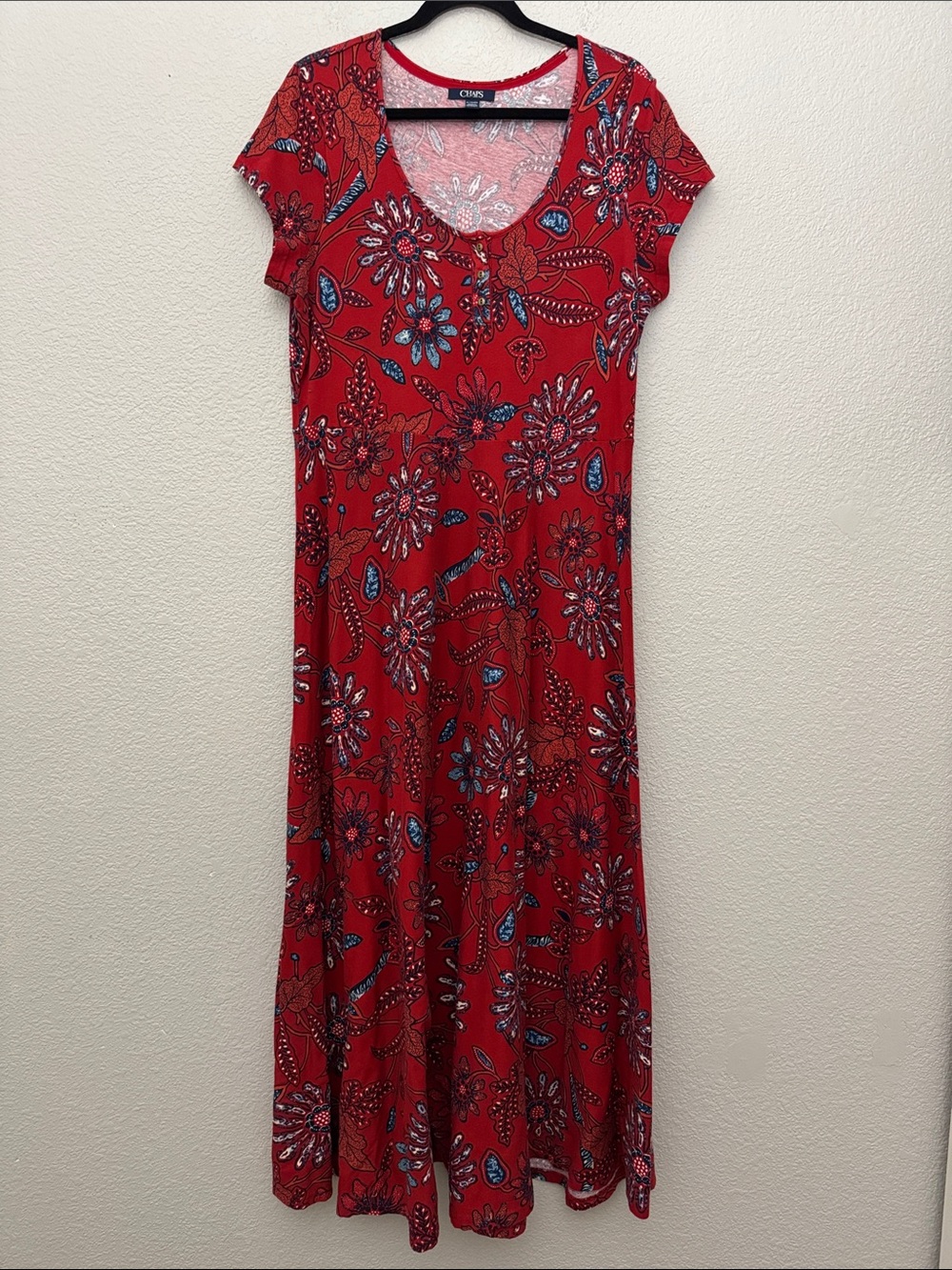 Chaps Red Floral Print Maxi Dress Short Sleeve Cotton XL Boho Western Americana - Picture 13 of 13